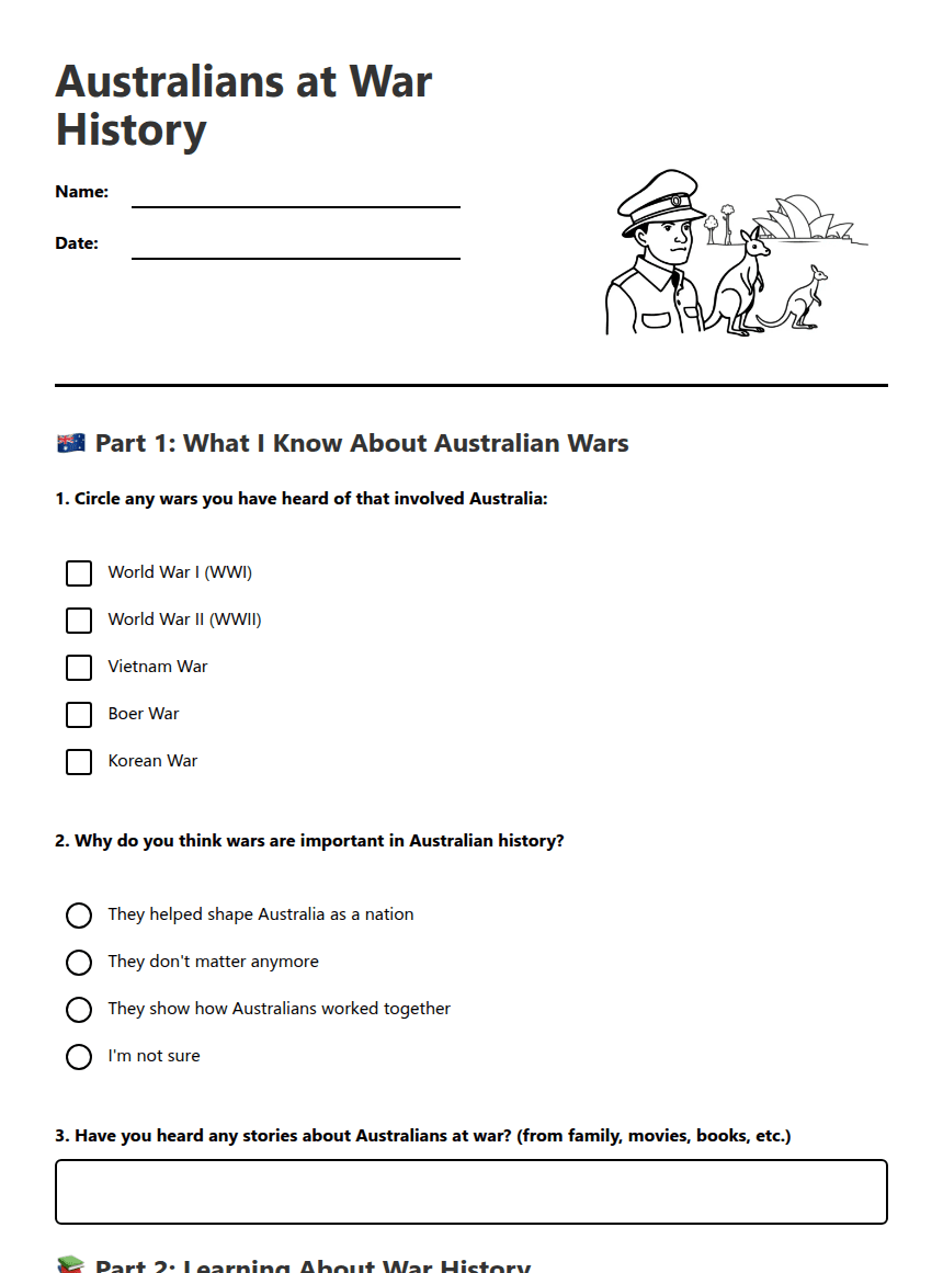 Australians at War History worksheet preview