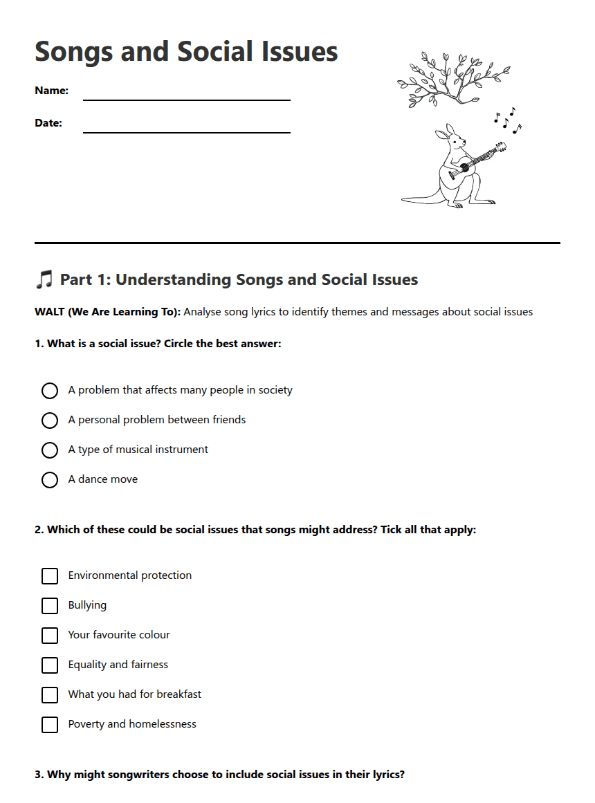 Songs and Social Issues worksheet preview