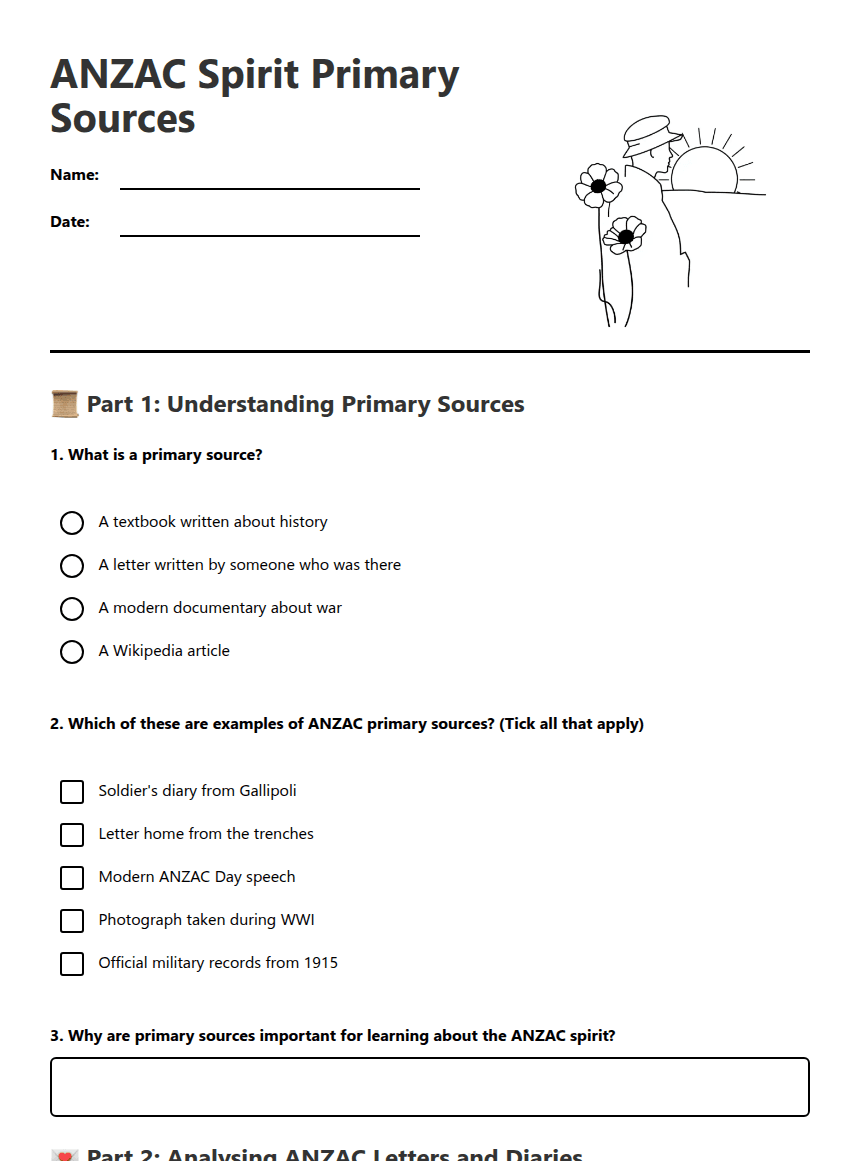 ANZAC Spirit Primary Sources worksheet preview