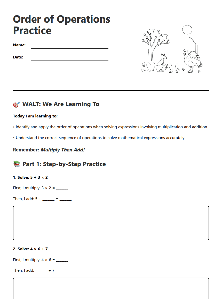 Order of Operations Practice worksheet preview