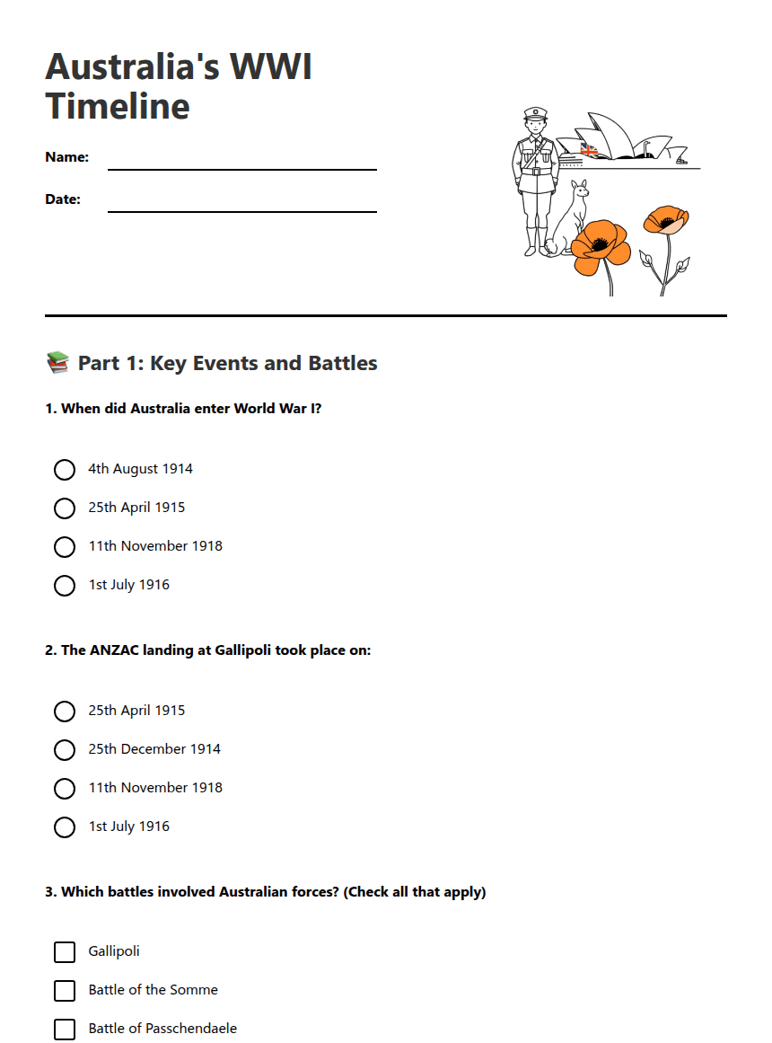 Australia's WWI Timeline worksheet preview