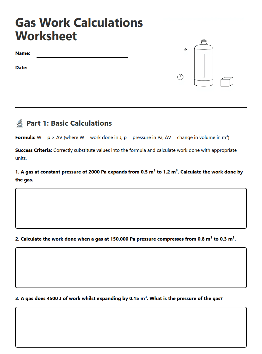 Gas Work Calculations Worksheet worksheet preview