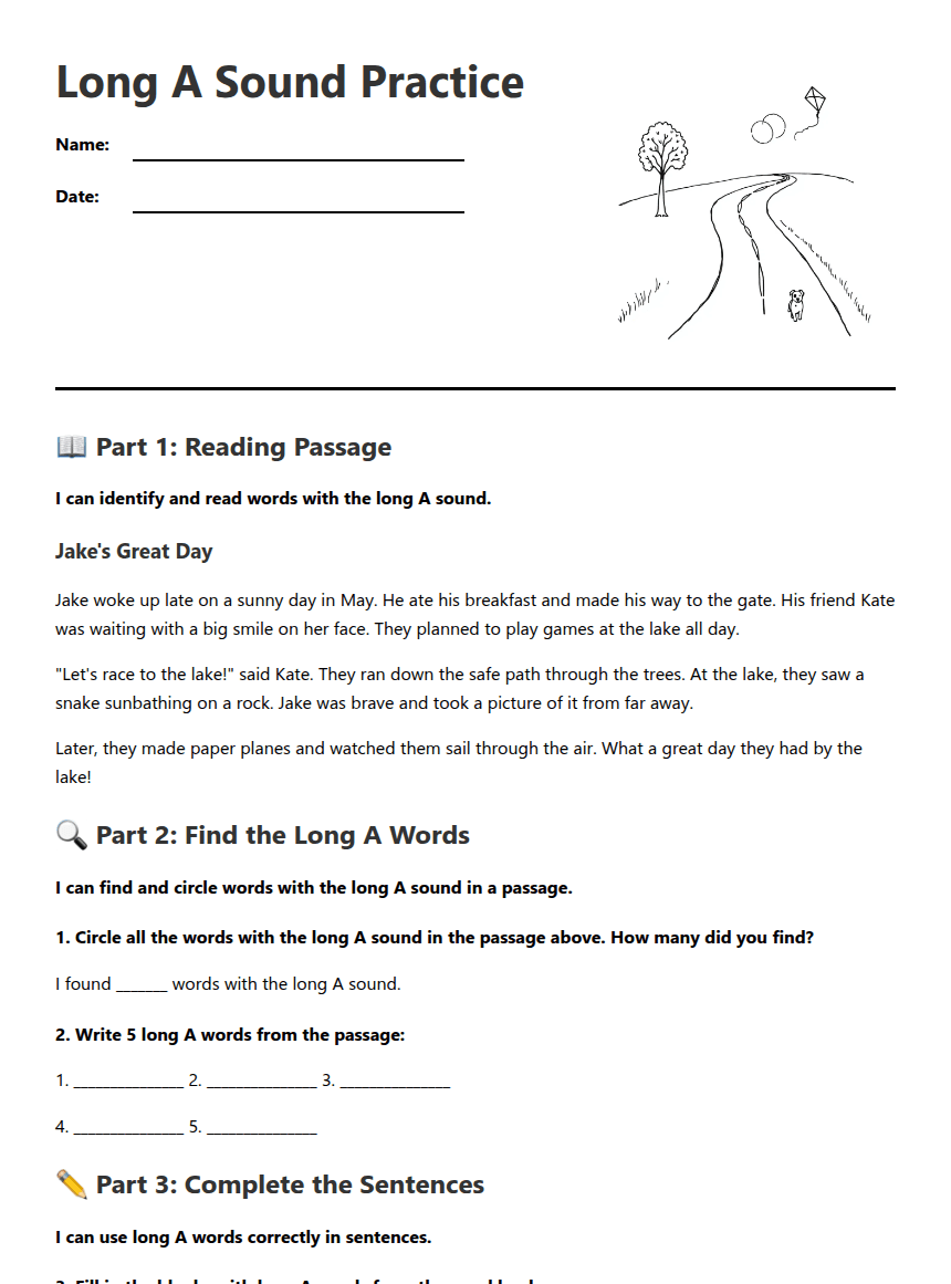 Long A Sound Practice worksheet preview