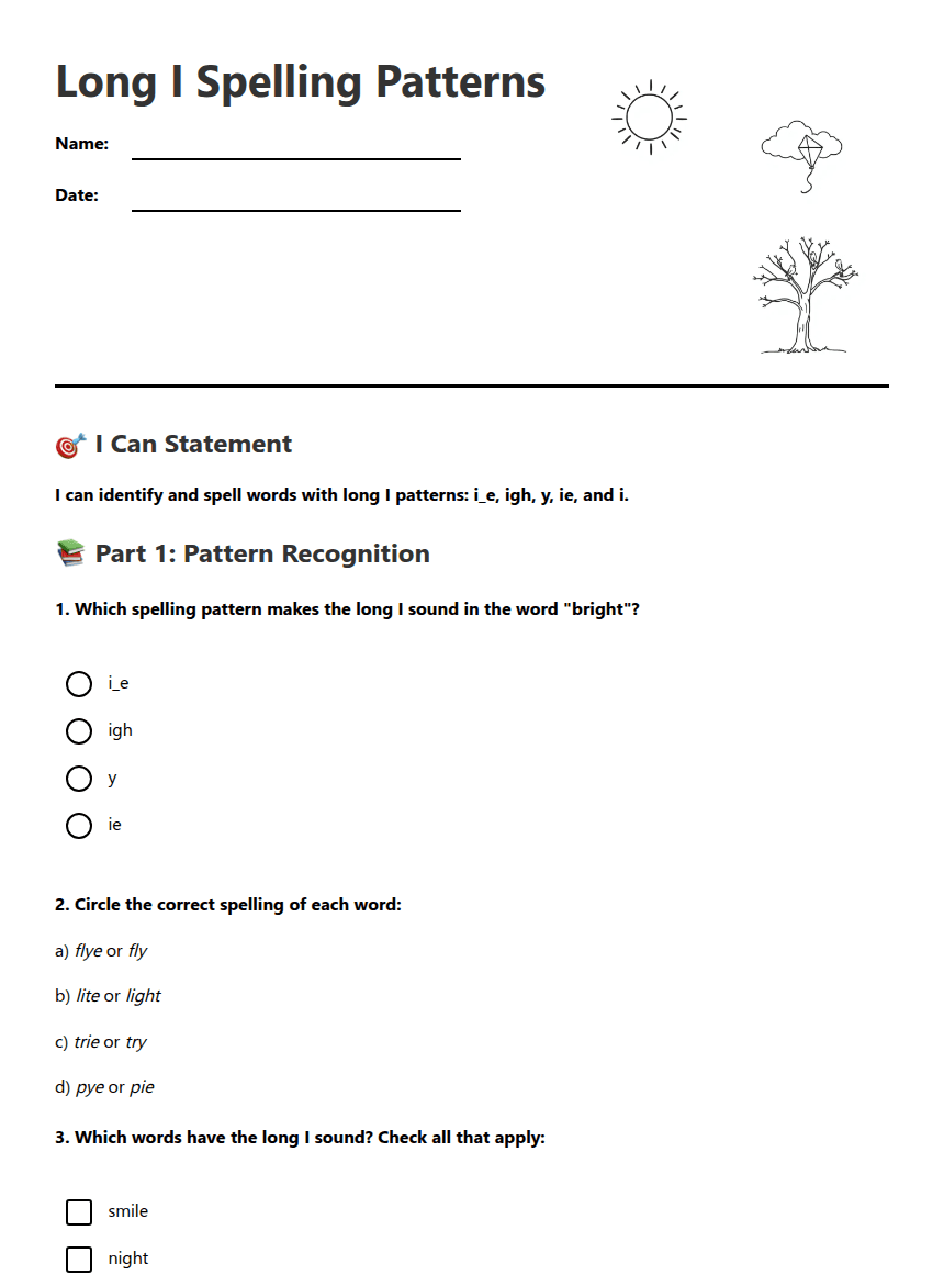 Long I Spelling Patterns worksheet preview