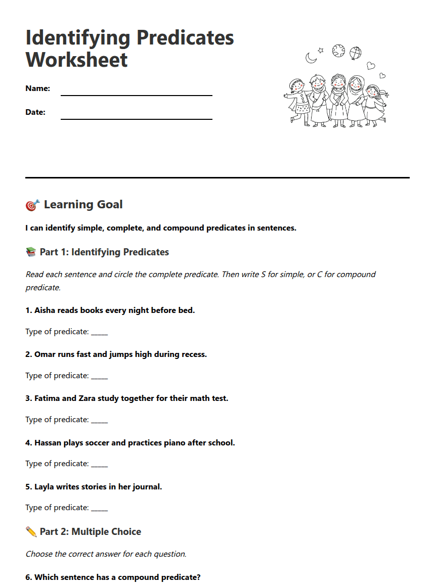 Identifying Predicates Worksheet worksheet preview