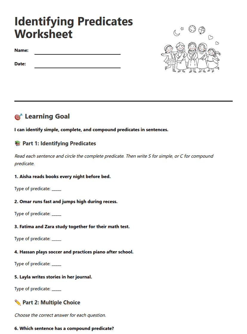 Identifying Predicates Worksheet