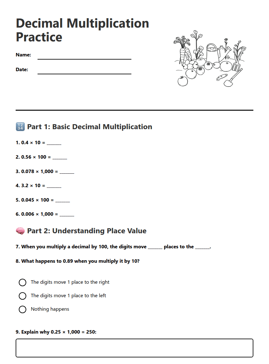 Decimal Multiplication Practice worksheet preview