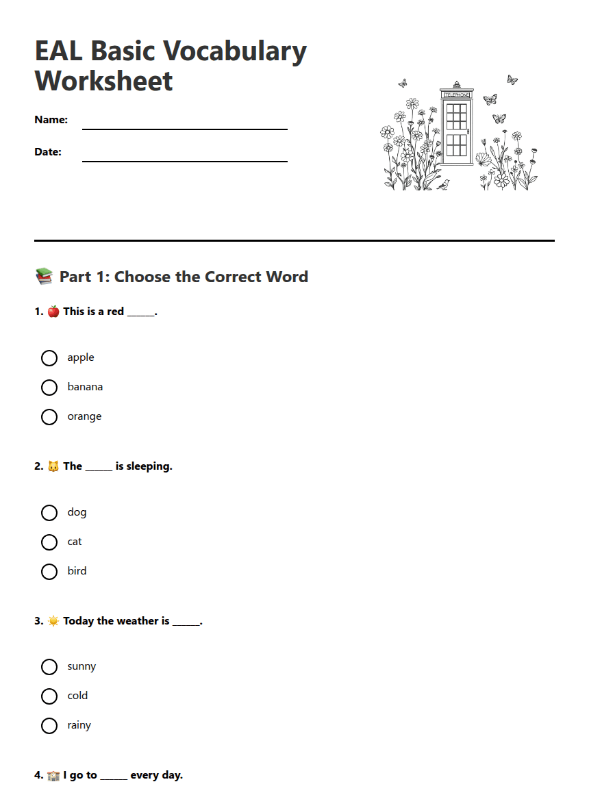 EAL Basic Vocabulary Worksheet worksheet preview