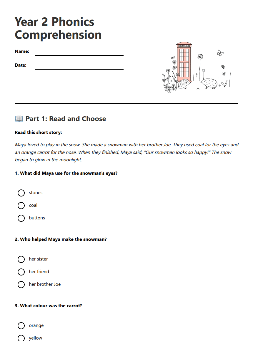 Year 2 Phonics Comprehension worksheet preview