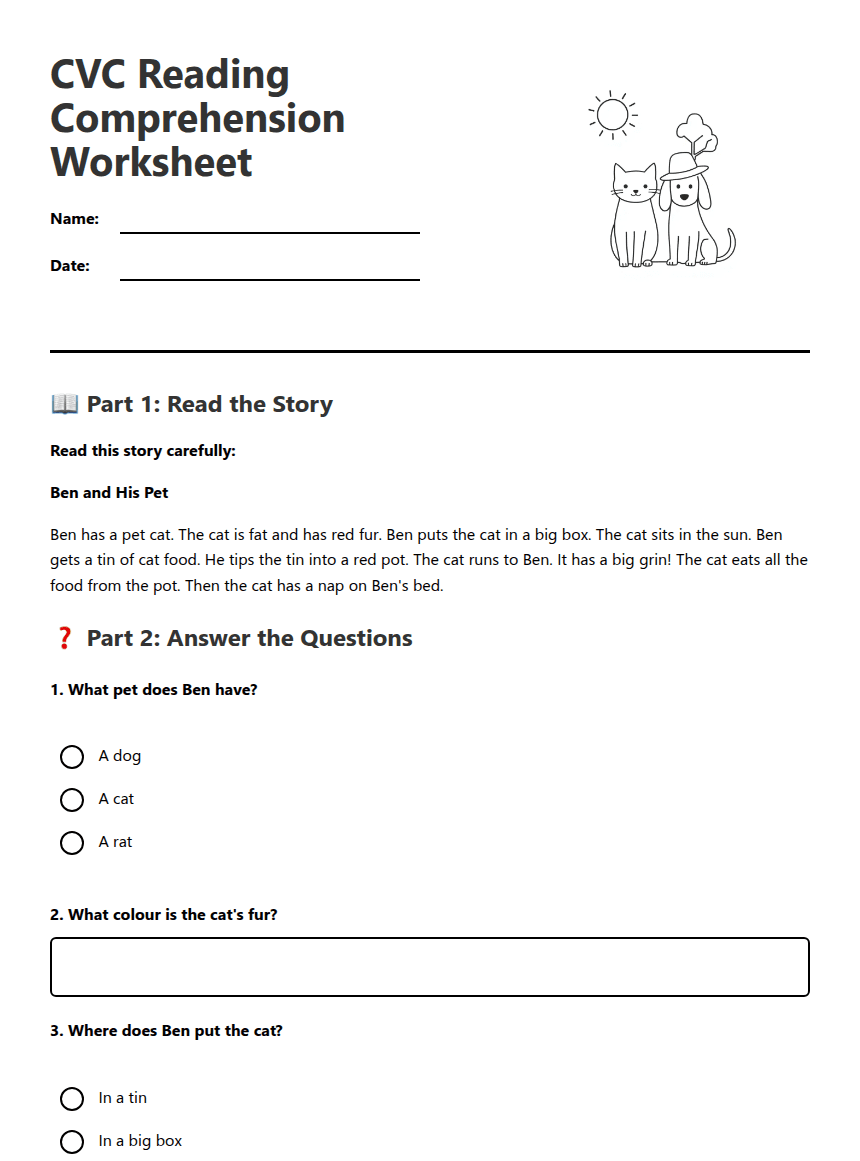CVC Reading Comprehension Worksheet worksheet preview