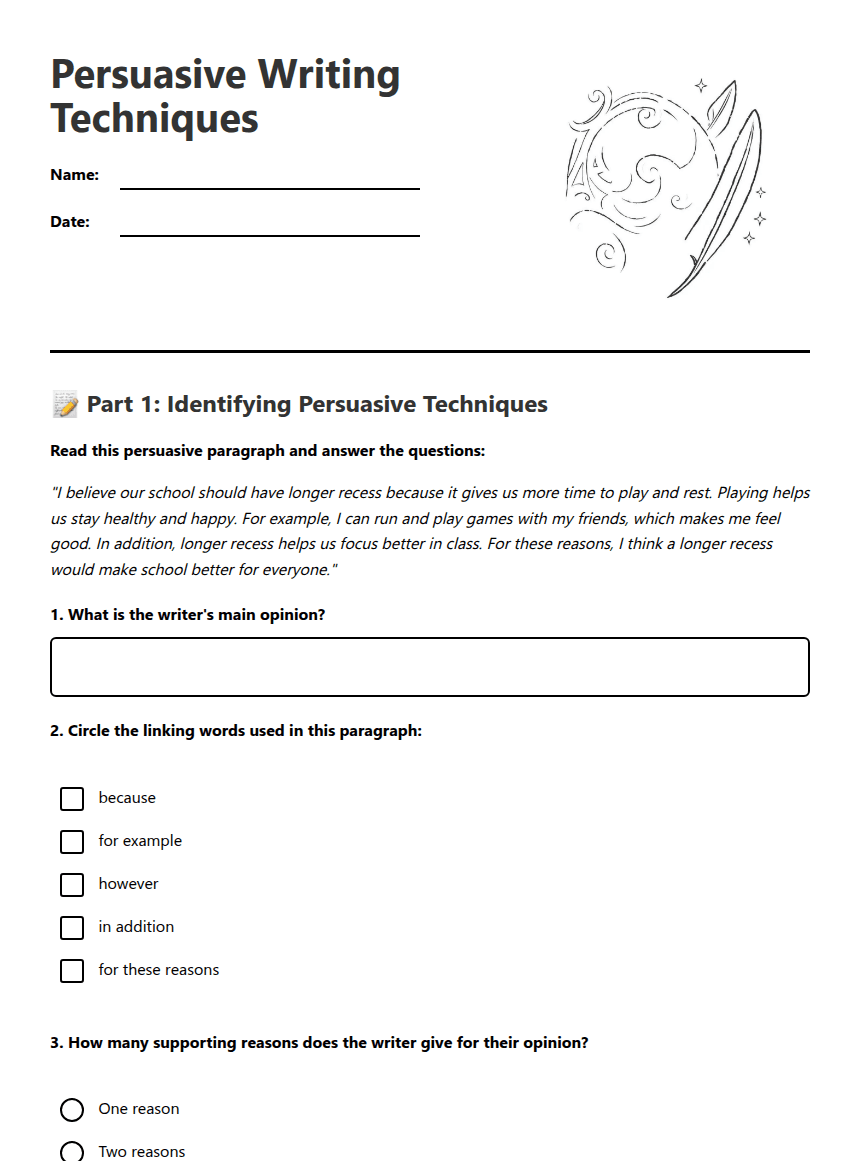 Persuasive Writing Techniques worksheet preview