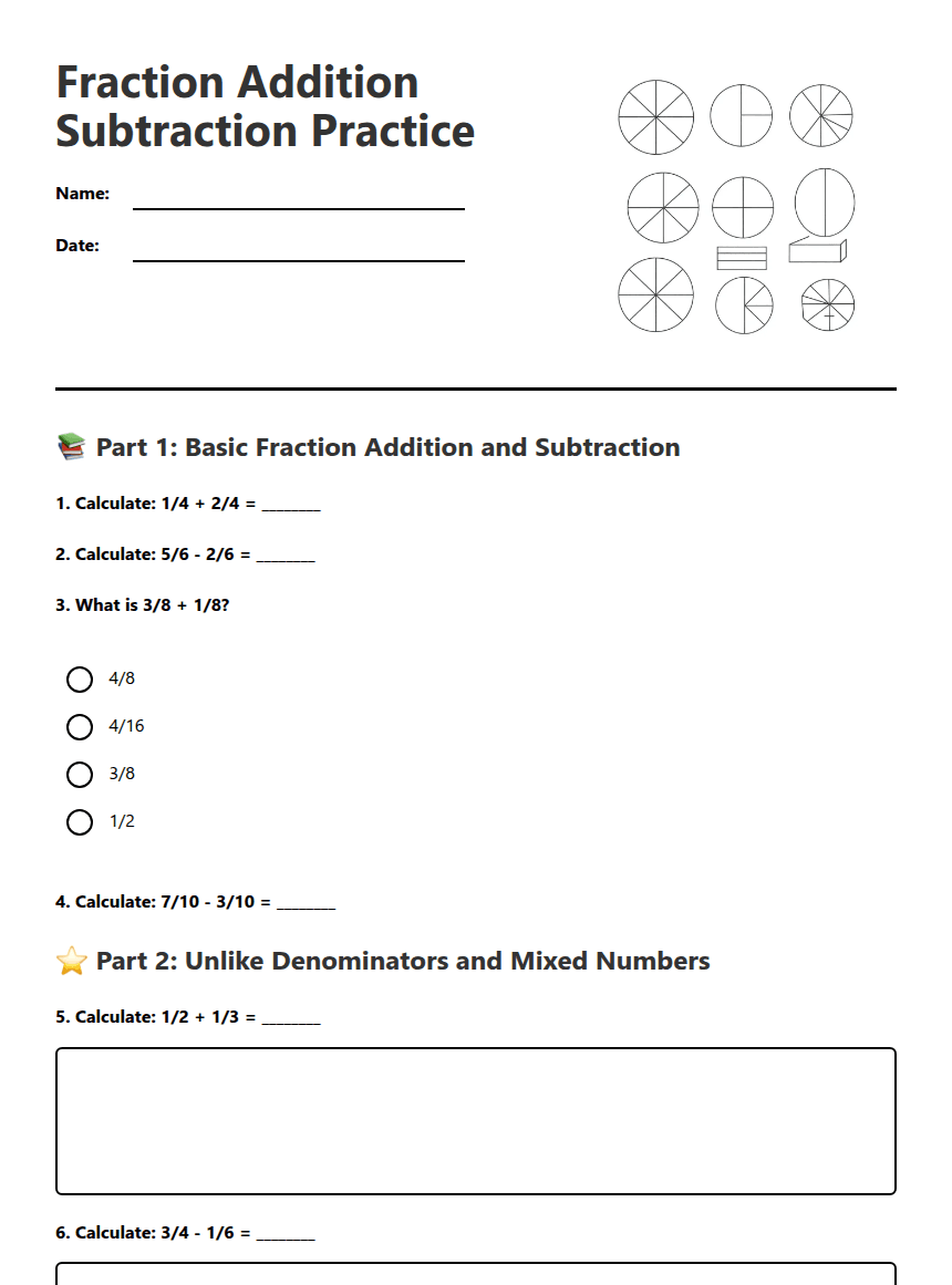 Fraction Addition Subtraction Practice worksheet preview