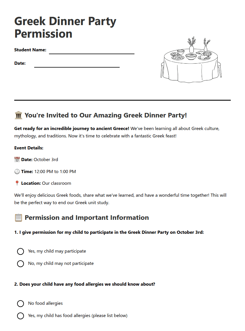 Greek Dinner Party Permission worksheet preview