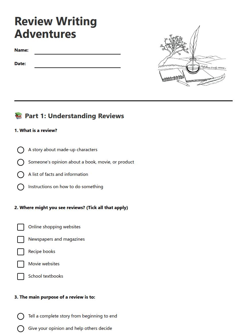 Review Writing Adventures worksheet preview