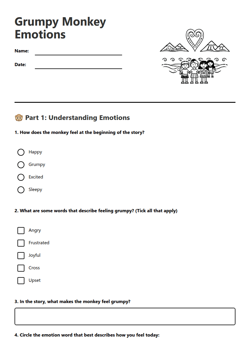 Grumpy Monkey Emotions worksheet preview