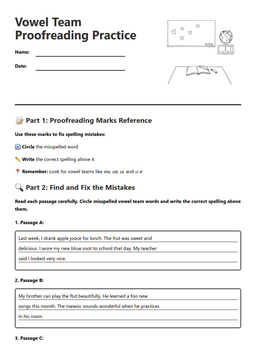 Vowel Team Proofreading Practice worksheet preview