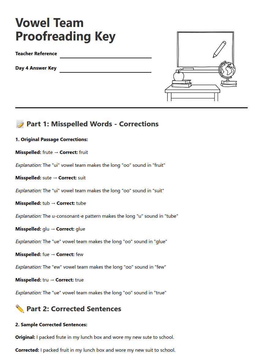 Vowel Team Proofreading Key worksheet preview