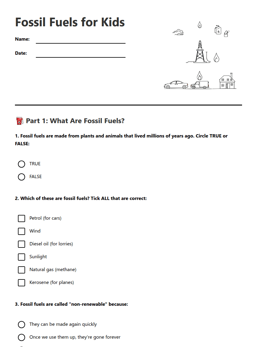 Fossil Fuels for Kids worksheet preview