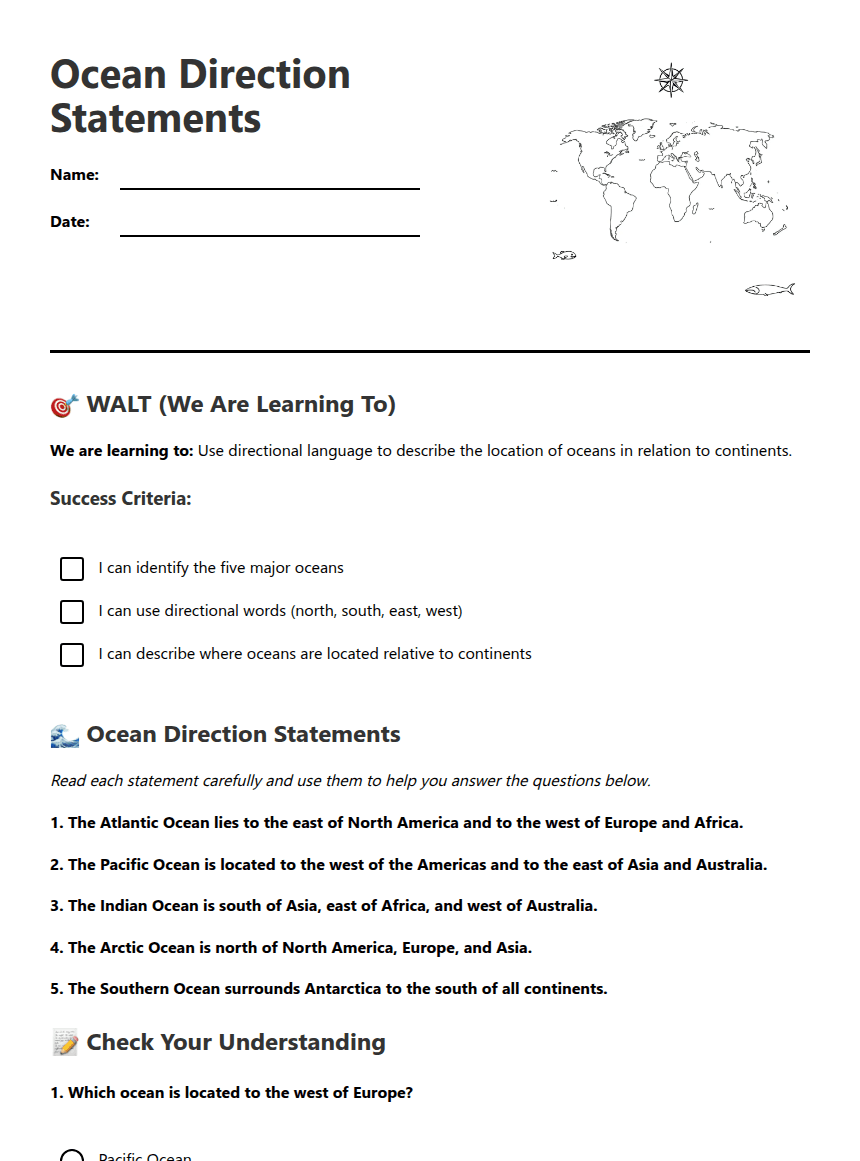 Ocean Direction Statements worksheet preview