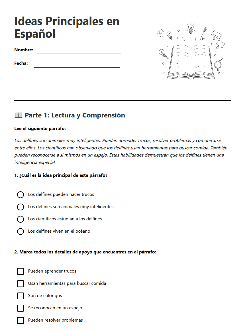 Ideas Principales en Español worksheet preview