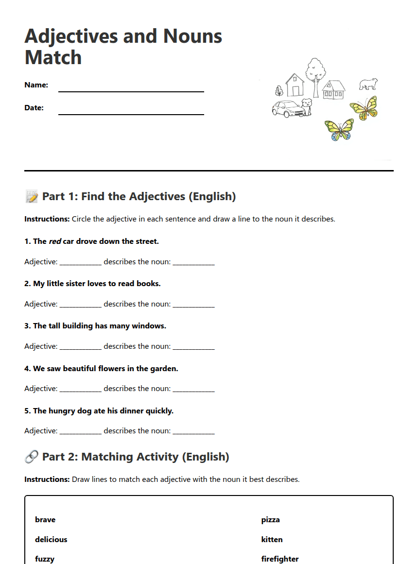 Adjectives and Nouns Match worksheet preview