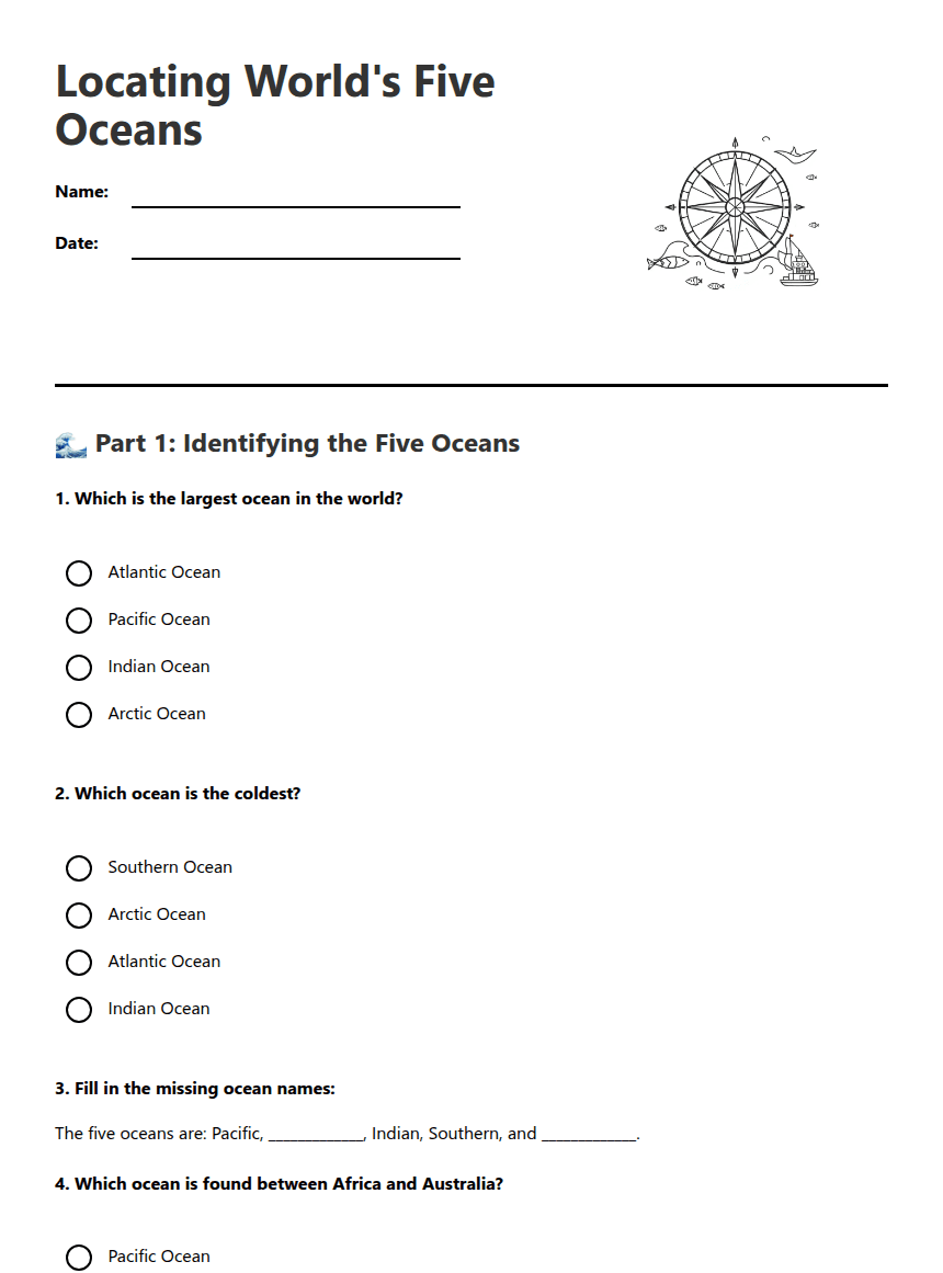 Locating World's Five Oceans worksheet preview