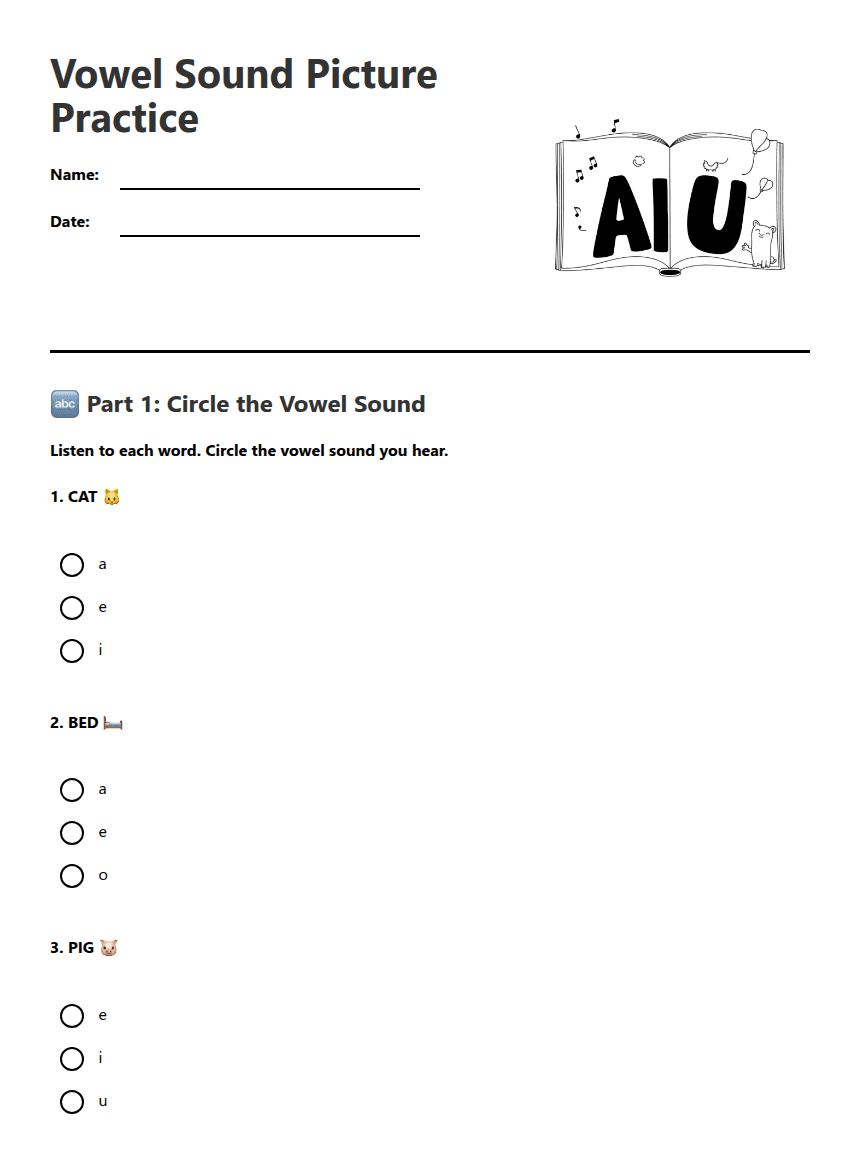 Vowel Sound Picture Practice worksheet preview