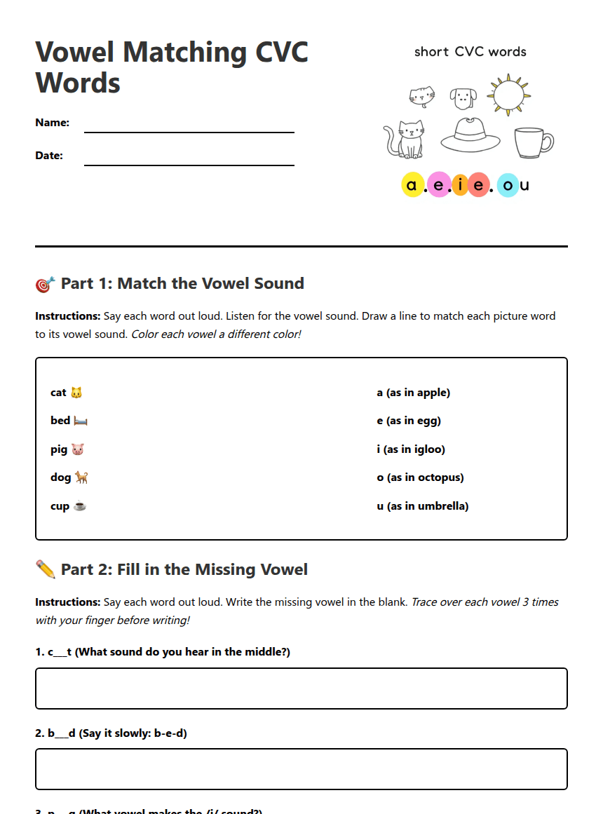 Vowel Matching CVC Words worksheet preview
