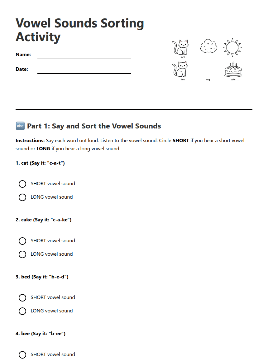 Vowel Sounds Sorting Activity worksheet preview