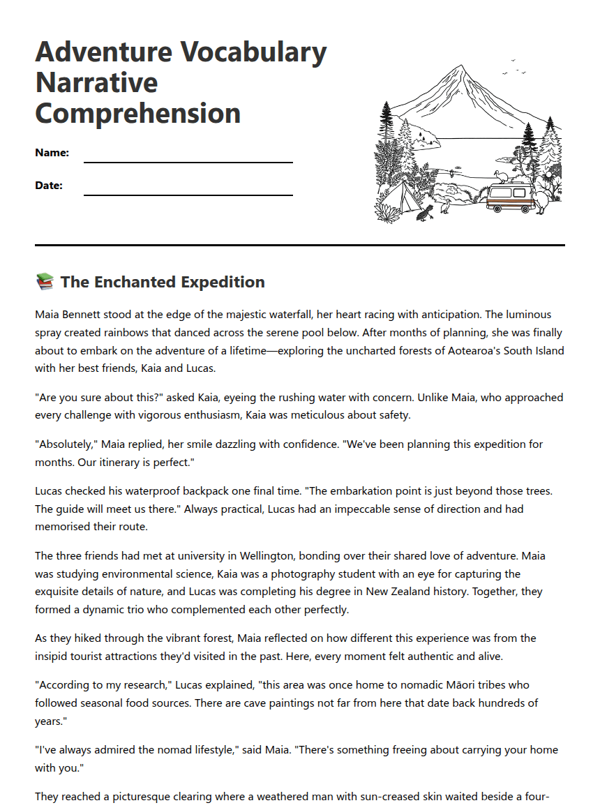 Adventure Vocabulary Narrative Comprehension worksheet preview