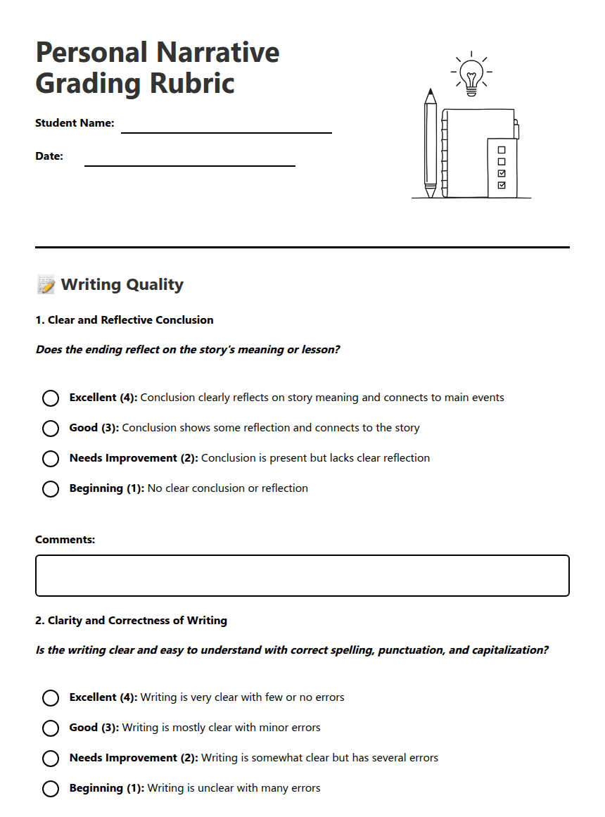 Personal Narrative Grading Rubric worksheet preview