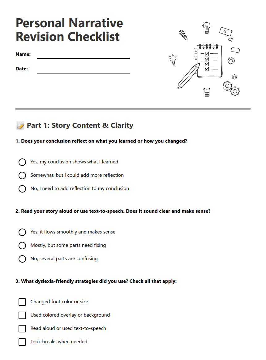 Personal Narrative Revision Checklist worksheet preview