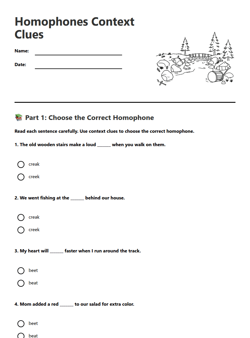 Homophones Context Clues worksheet preview