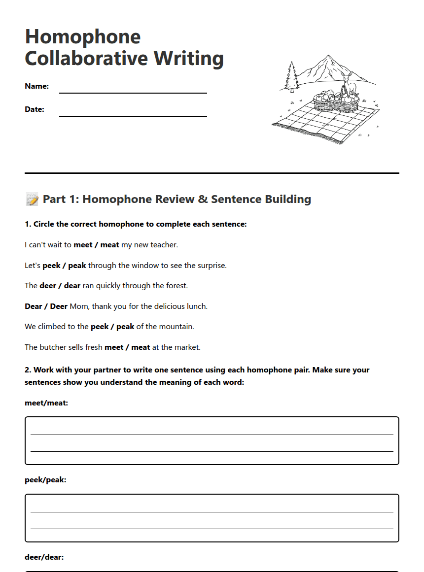 Homophone Collaborative Writing worksheet preview