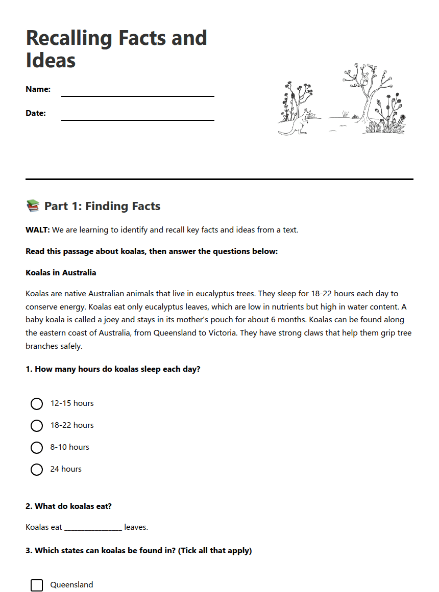 Recalling Facts and Ideas worksheet preview