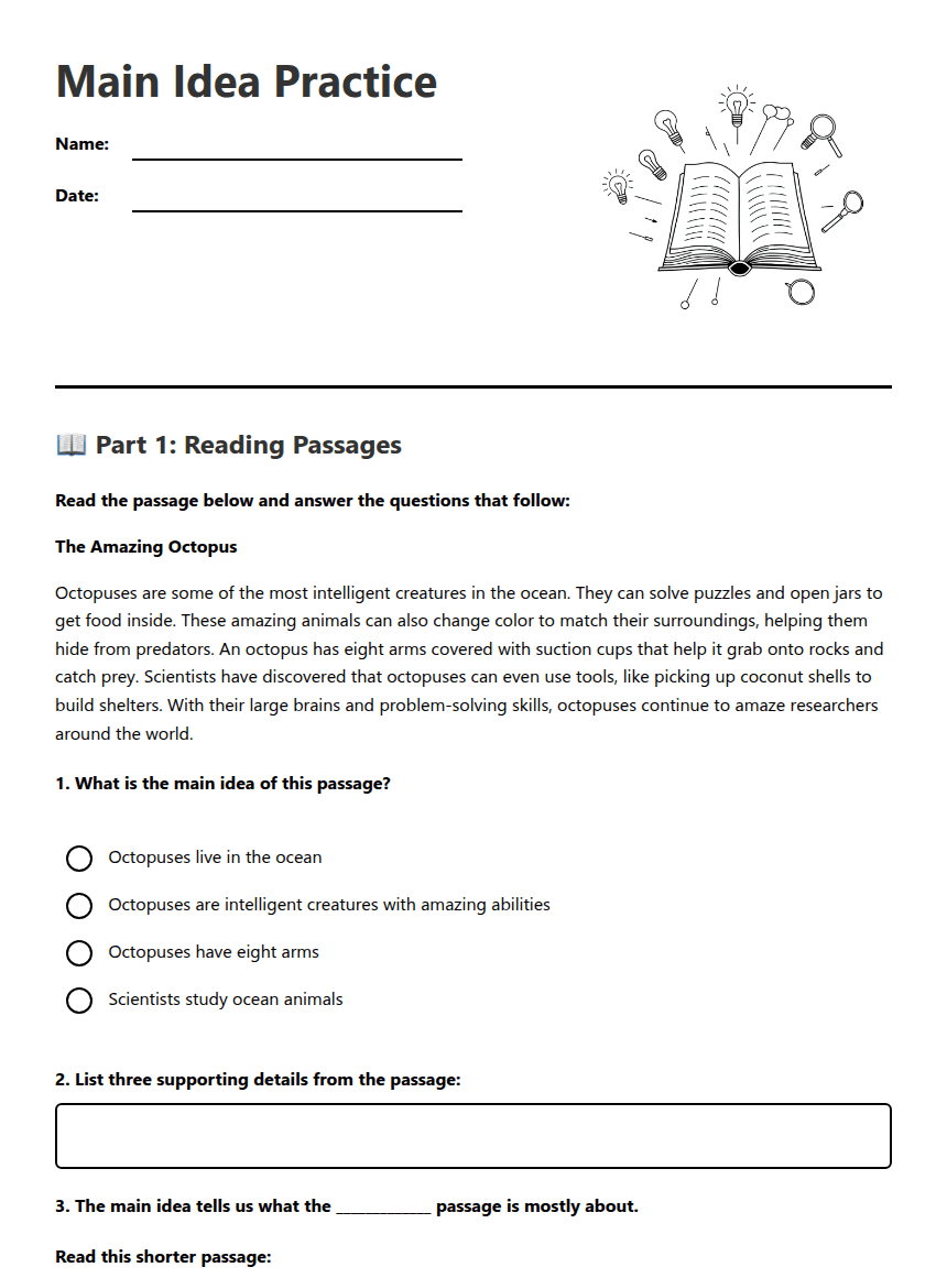 Main Idea Practice worksheet preview