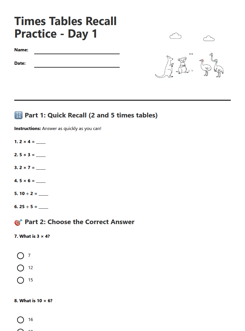 Times Tables Recall Practice worksheet preview