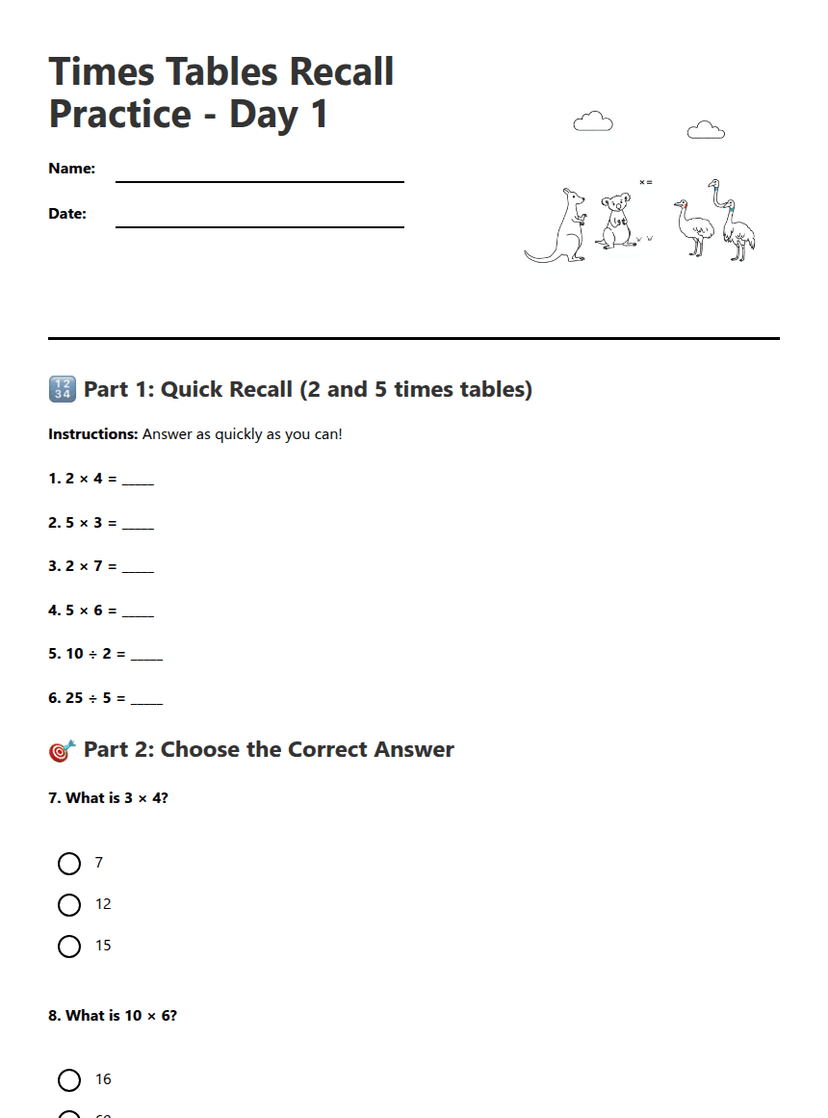 Times Tables Recall Practice