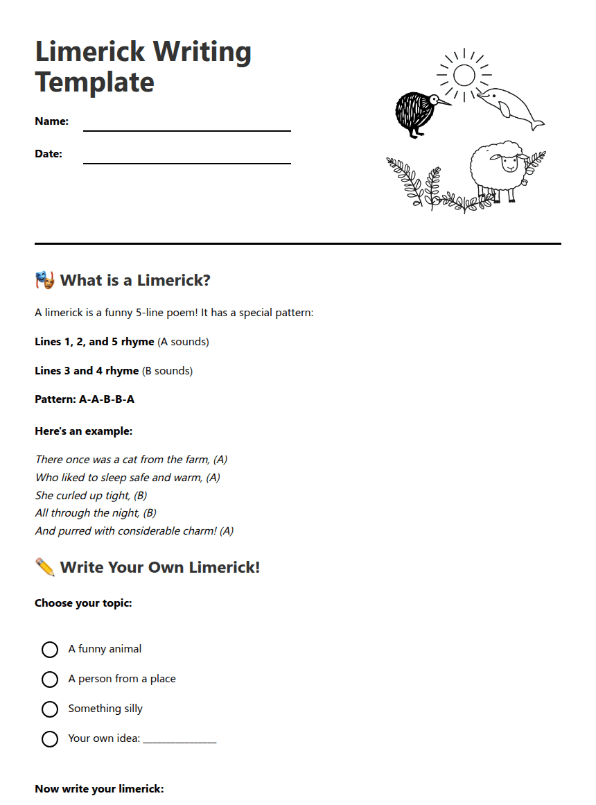 Limerick Writing Template worksheet preview