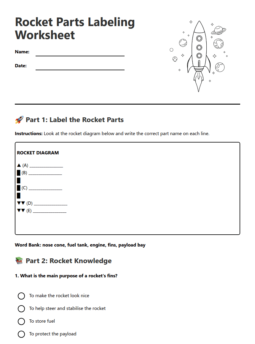 Rocket Parts Labeling Worksheet worksheet preview
