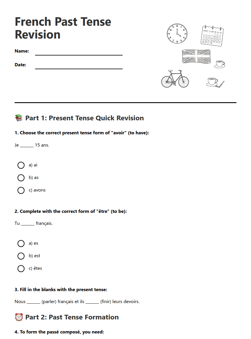 French Past Tense Revision worksheet preview