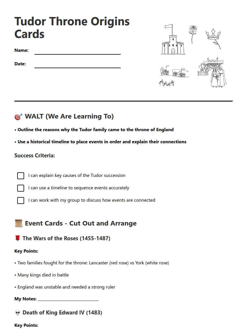 Tudor Throne Origins Cards worksheet preview