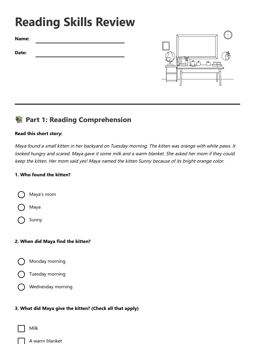 Reading Skills Review worksheet preview