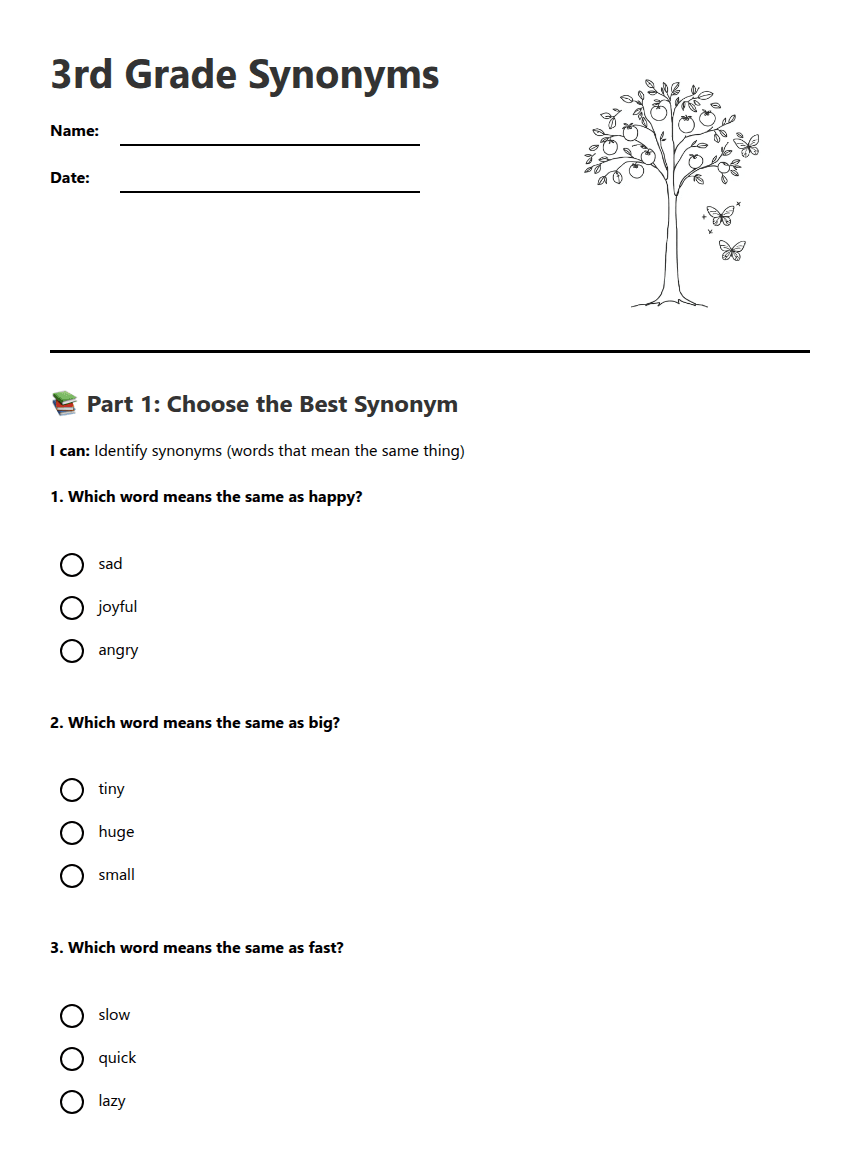 3rd Grade Synonyms worksheet preview
