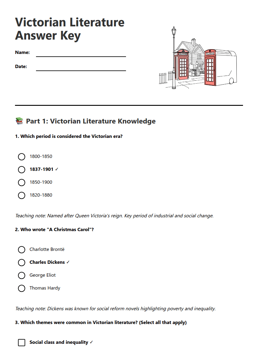 Victorian Literature Answer Key worksheet preview