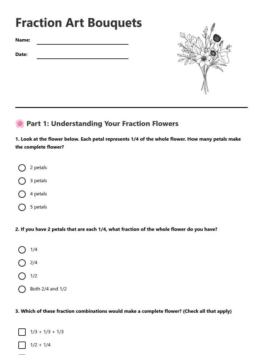 Fraction Art Bouquets worksheet preview