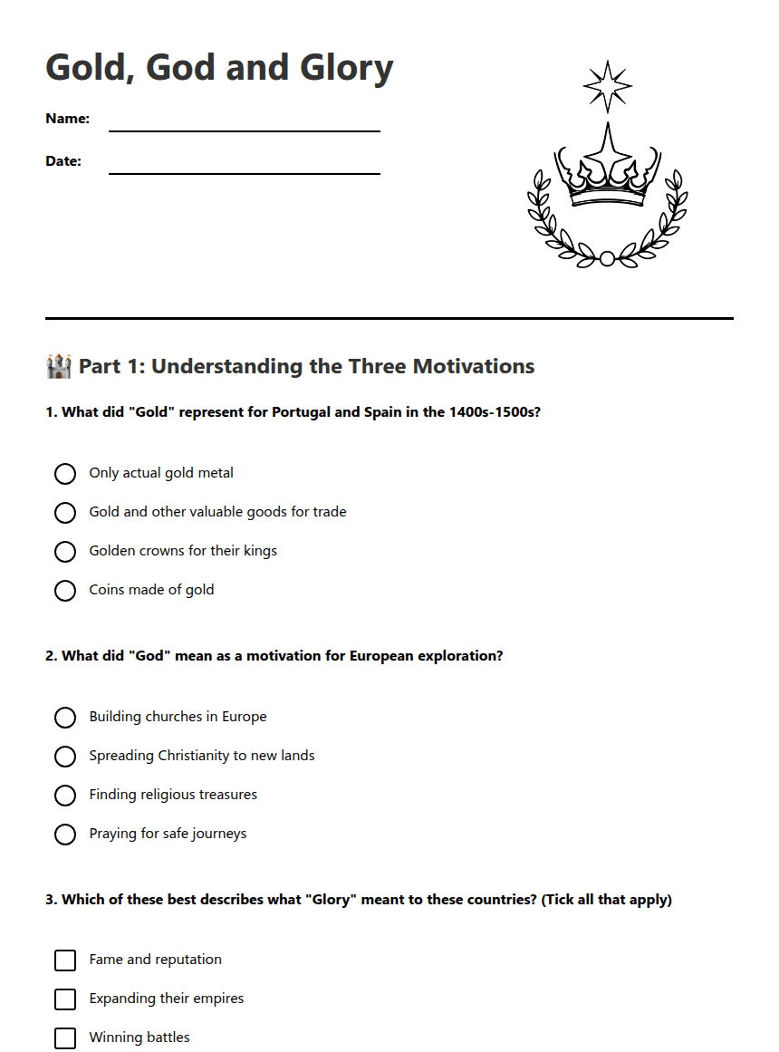 Gold, God and Glory worksheet preview