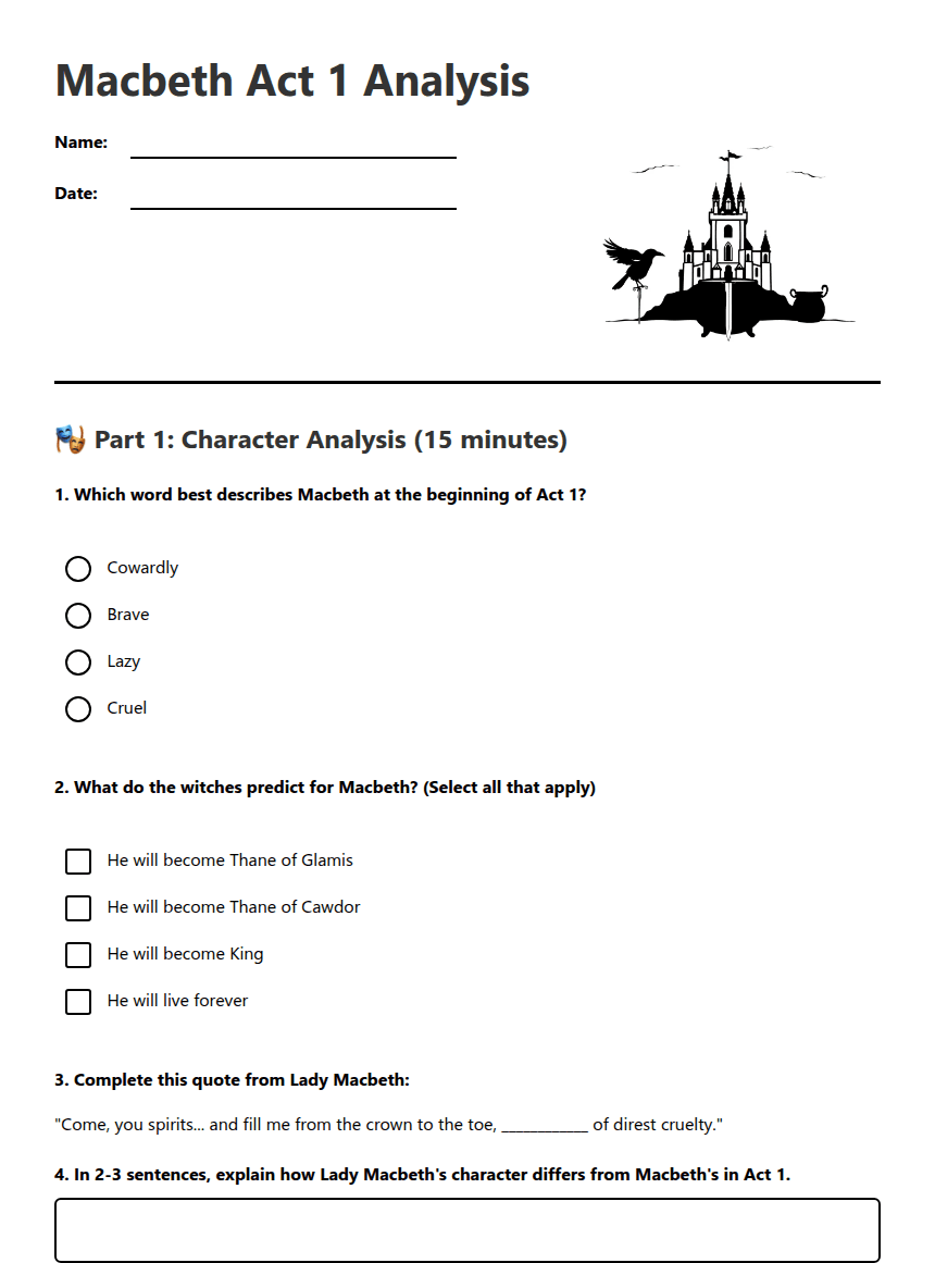 Macbeth Act 1 Analysis worksheet preview