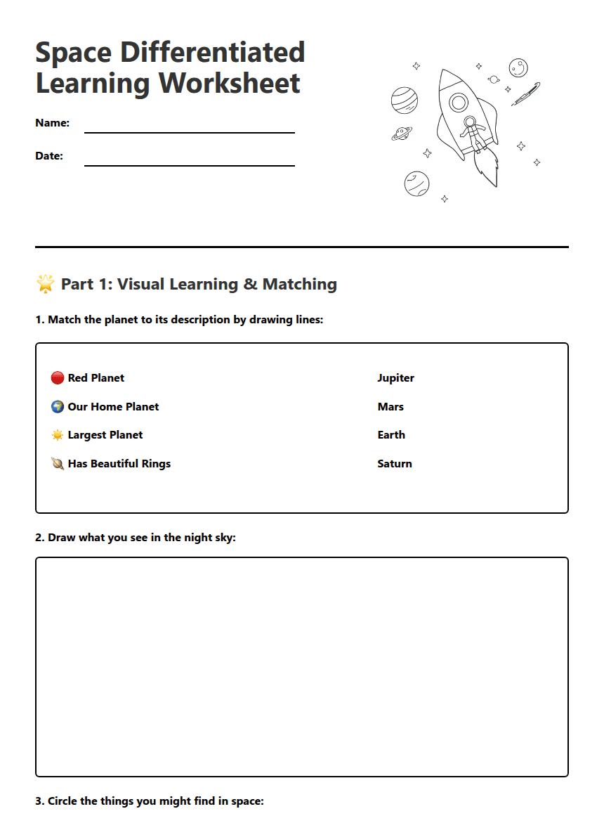 Space Differentiated Learning Worksheet worksheet preview