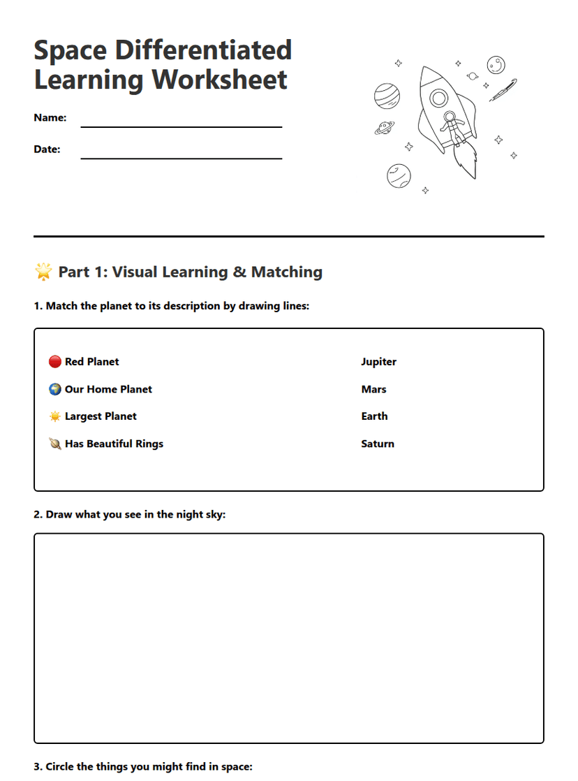Space Differentiated Learning Worksheet
